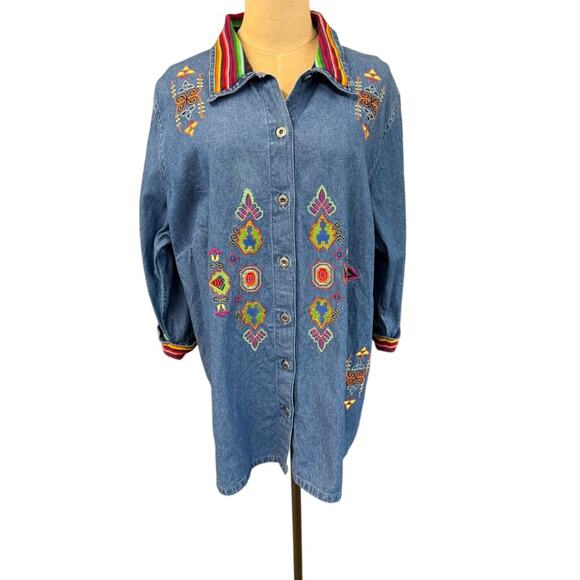 "LIZ & ME" VTG Denim Aztec Embrod. Button Up Shirt SZ 1X Multi Colored Western - Picture 1 of 12